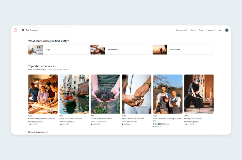 Airbnb landing page for the returning visitors